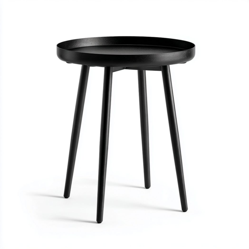 Okrągły, czarny metalowy stolik boczny z krawędziowanym blatem i czterema nogami-Modivie Home