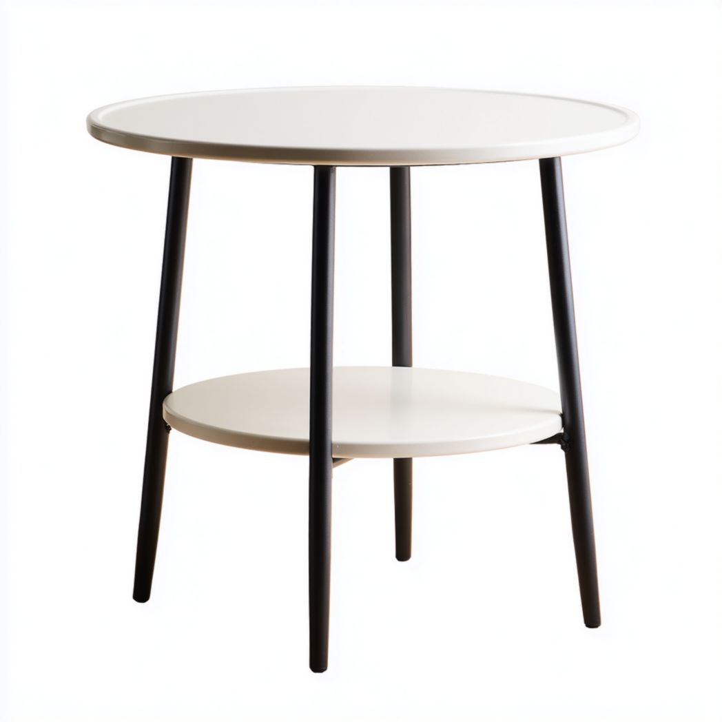 Okrągły, dwupoziomowy, metalowy stolik pomocniczy w kolorze złamanej bieli z czarnymi nogami-Modivie Home