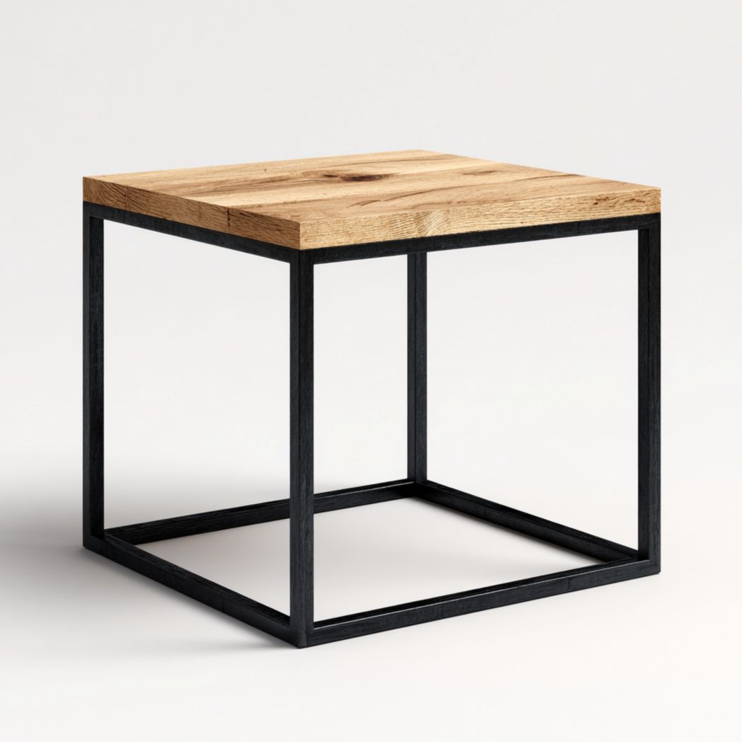Kwadratowy stolik boczny z jasnobrązowym drewnianym blatem i czarną metalową ramą-Modivie Home