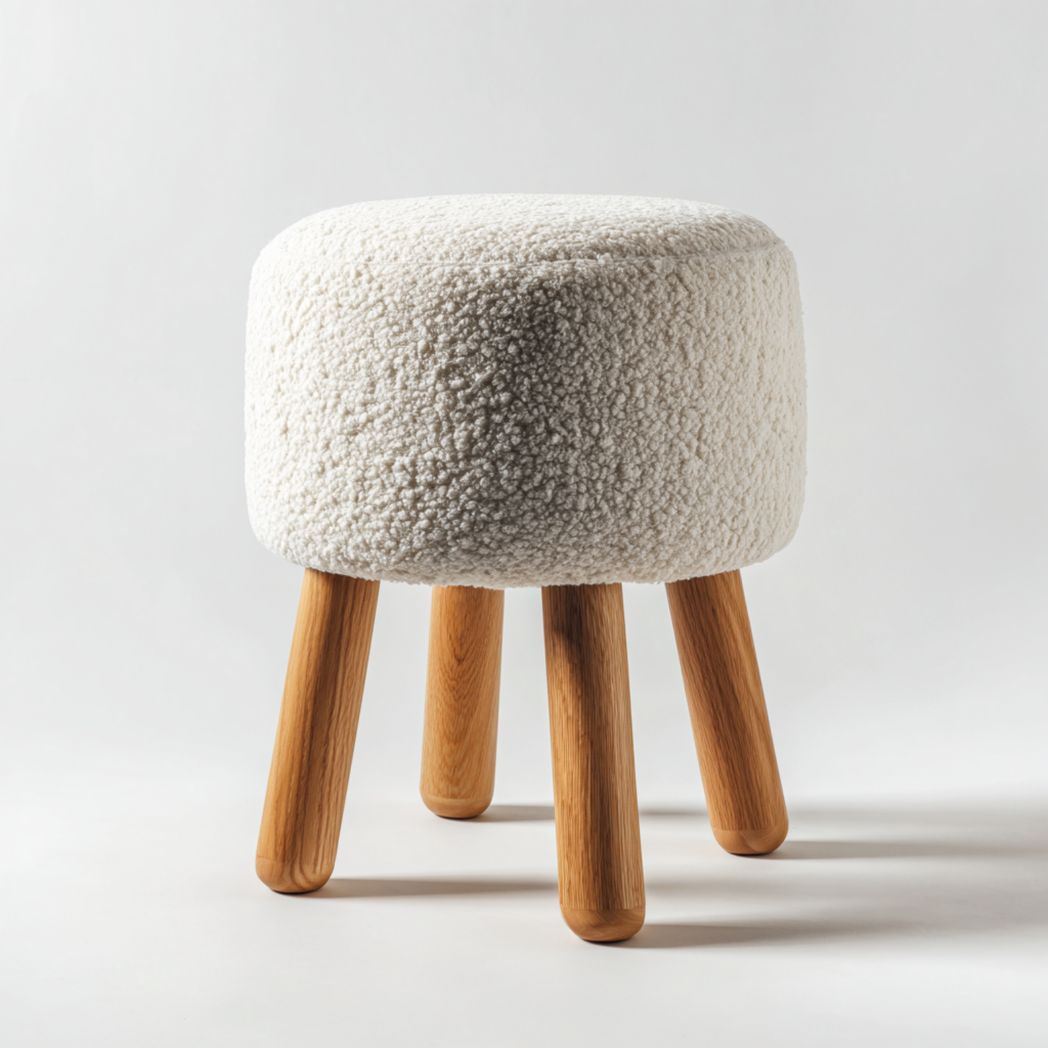 Okrągły stołek z tkaniny sherpa w kolorze złamanej bieli z jasnobrązowymi drewnianymi nogami-Modivie Home