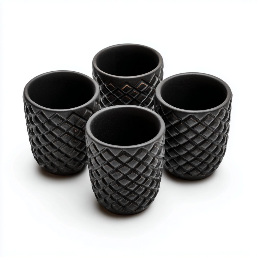 Zestaw 4 czarnych kubków kamionkowych bez uchwytów z wytłoczonym wzorem-Modivie Home