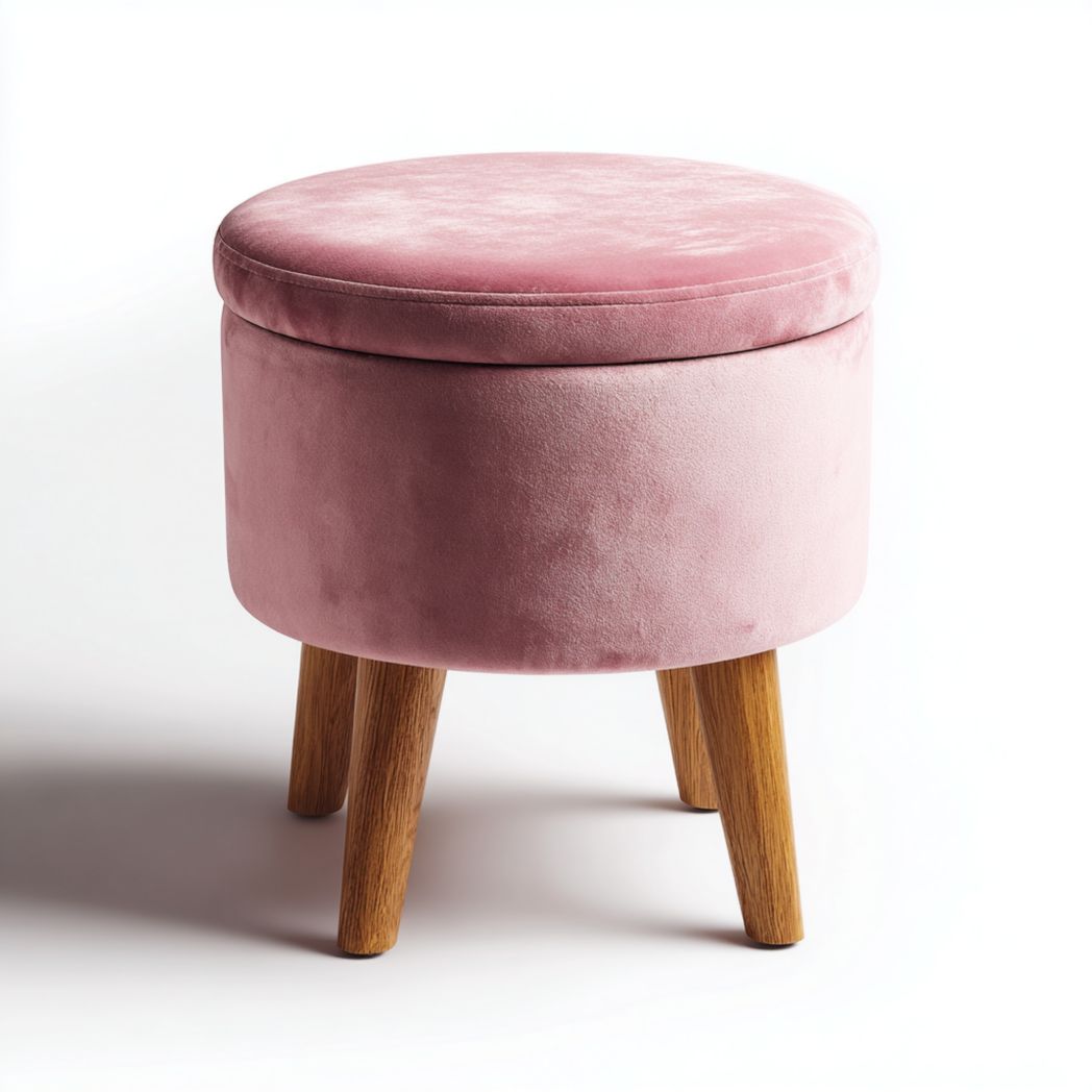 Okrągły stołek ze schowkiem, wykonany z pudrowego różu aksamitnego, z nogami z jasnobrązowego drewna-Modivie Home
