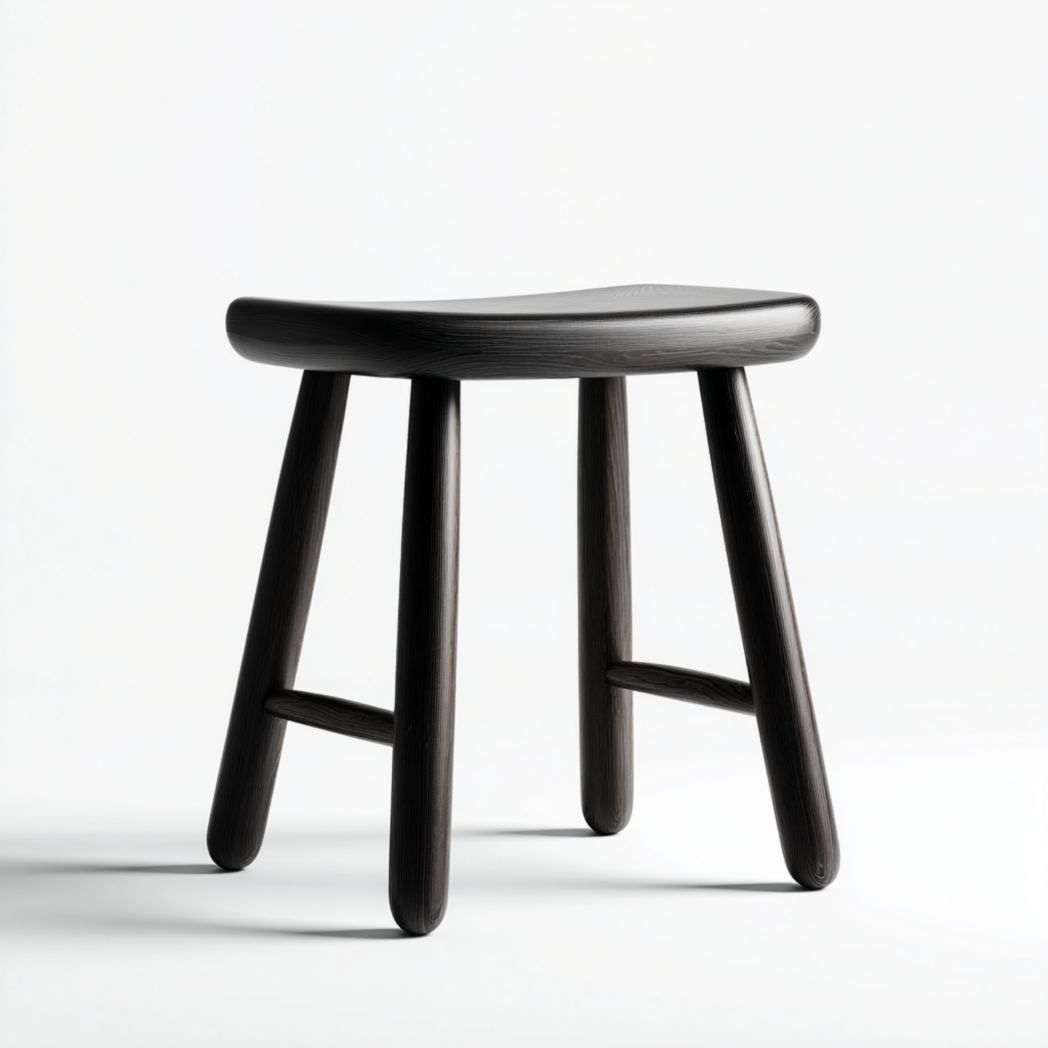 Czarny drewniany stołek z 4 nogami, trzonkami i zakrzywionym siedziskiem-Modivie Home