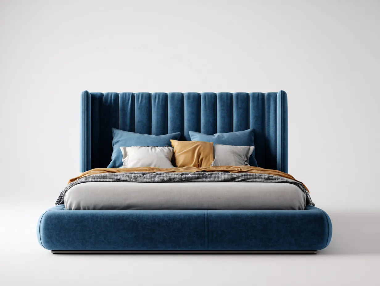 Letto matrimoniale-veluto-legno-210x170x110 cm-blu-design moderno-Homiyard