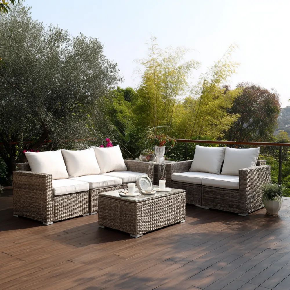 Salon de jardin en rotin synthétique 195x70x67 cm Gris/Blanc – Design moderne-Livanesta