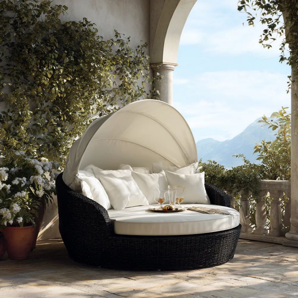 Lit de jardin rond en rotin synthétique avec auvent - 200x200x150 cm - Noir/Blanc-Livanesta