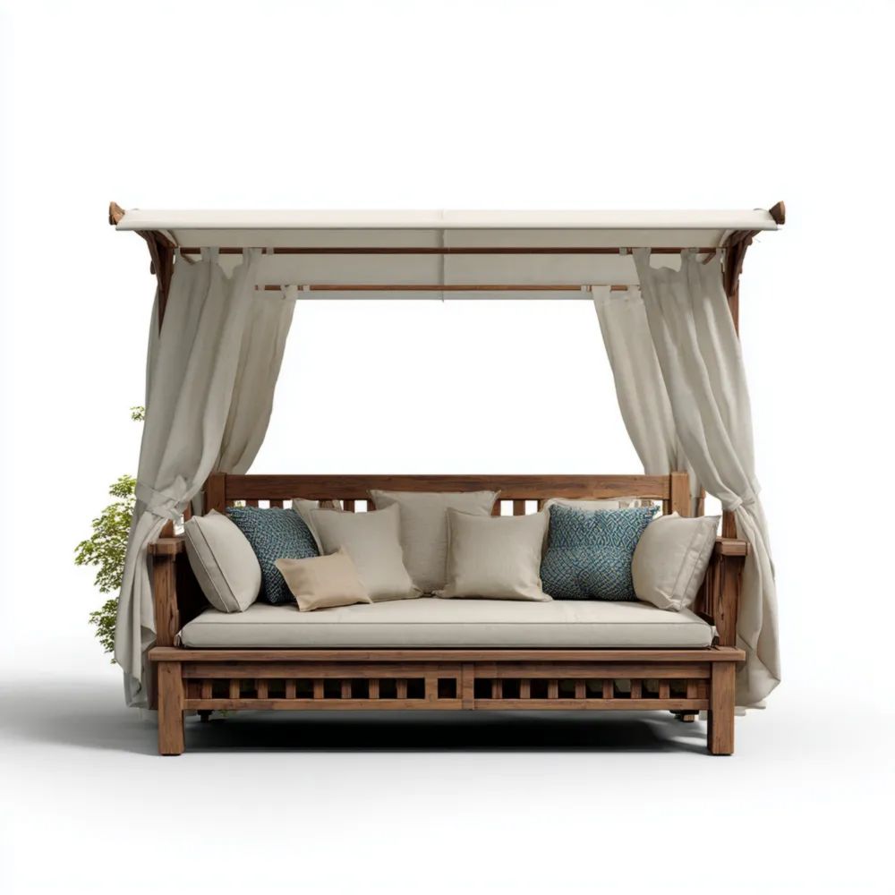 Canapé de jardin en bois avec rideaux – 200x120x150 cm – Beige-Livanesta