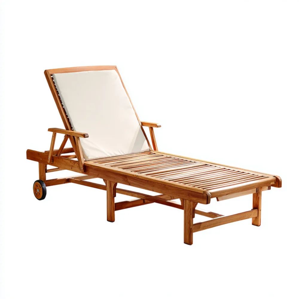 Chaise longue de jardin en teck – 200x65x35 cm – Coussin Blanc – Design Classique-Livanesta