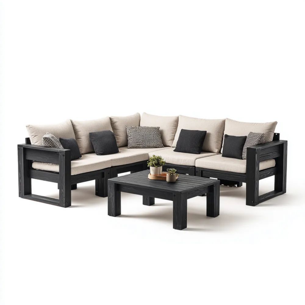 Ensemble de salon de jardin bois 250x250x75 cm avec table basse 90x60x40 cm – Noir/Beige – Design moderne-Livanesta