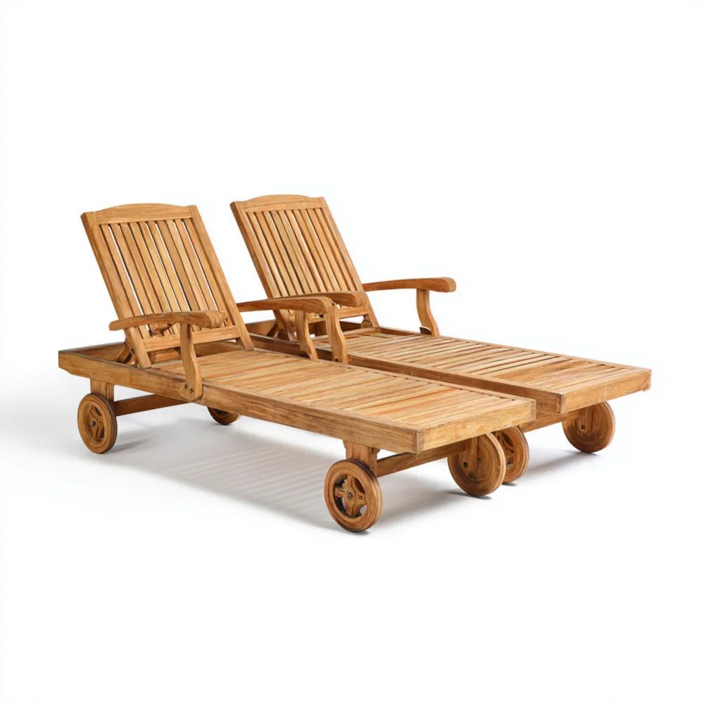 Bain de soleil en teck 200x65x35 cm réglable avec roulettes - Bois Naturel - Design classique-Livanesta