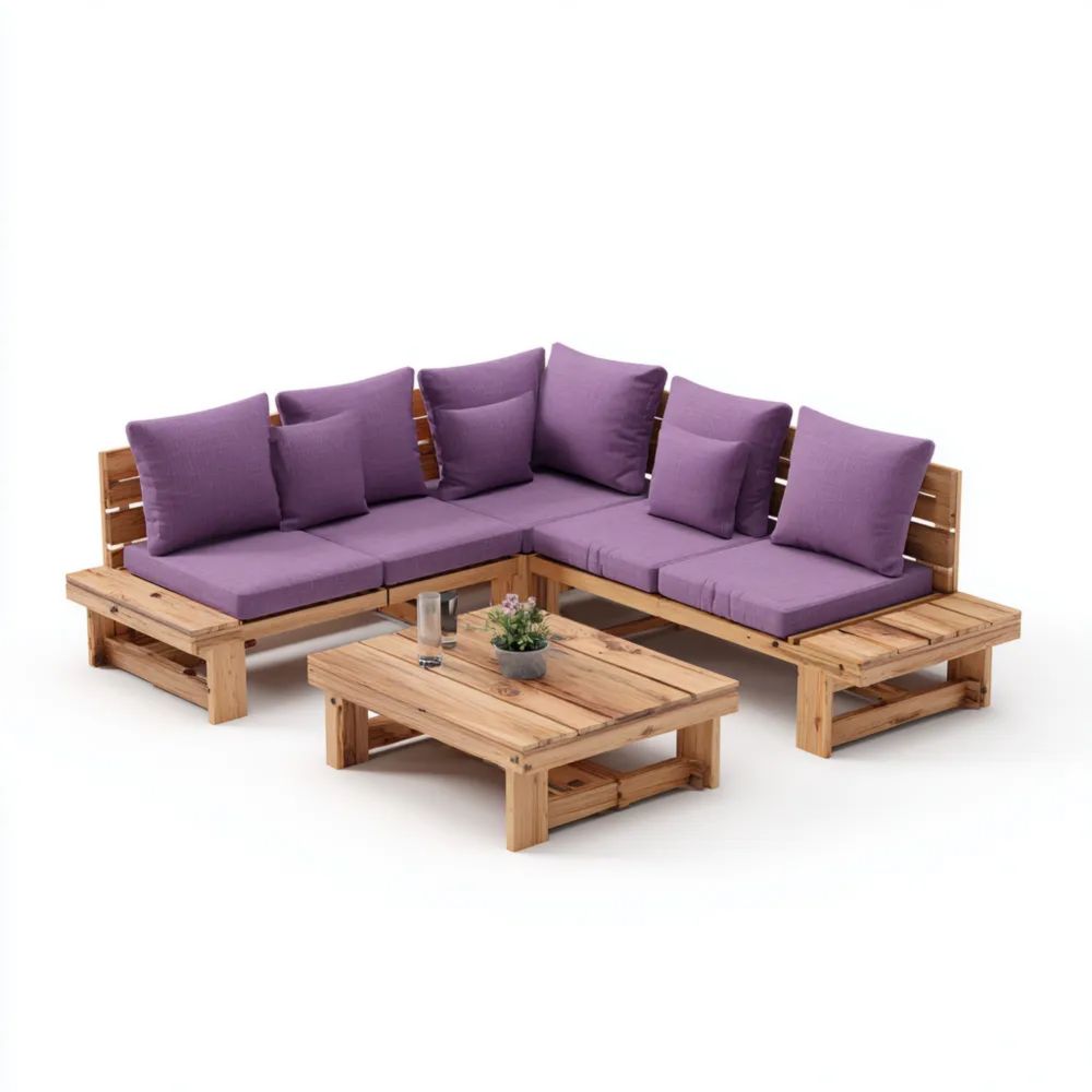 Ensemble de canapé de jardin en bois 180x180x75 cm avec coussins Violets - Design moderne-Livanesta