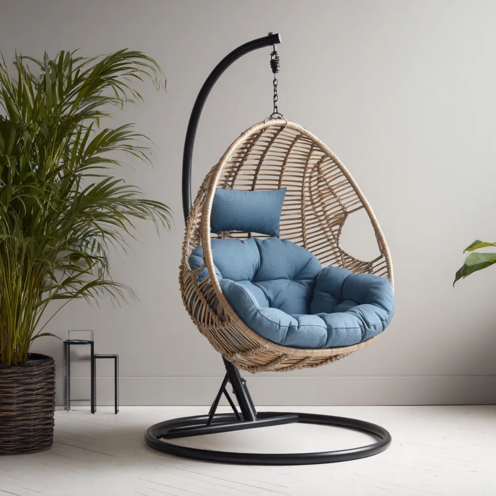 Chaise suspendue en rotin 105x120x195 cm avec coussin Bleu - Design ergonomique-Livanesta