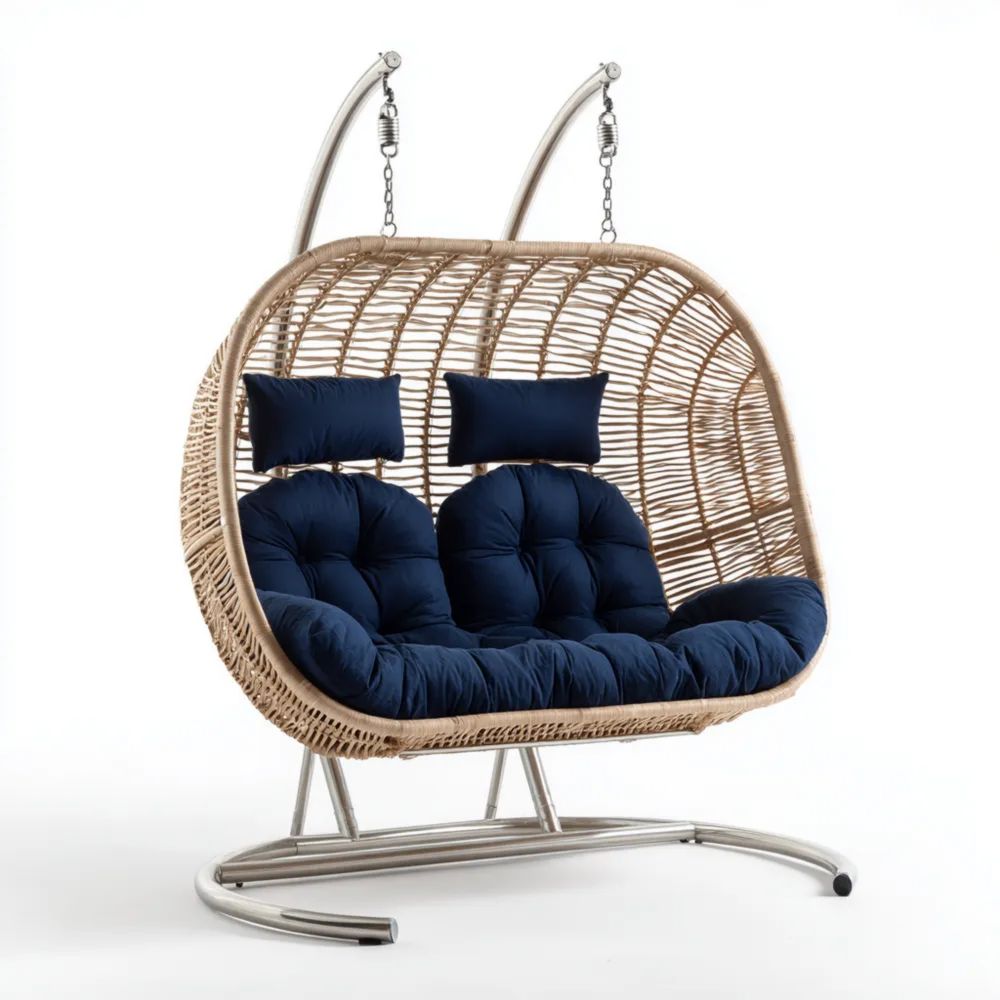 Chaise suspendue double - Rotin synthétique 150x90x190 cm - Bleu Marine - Design moderne-Livanesta