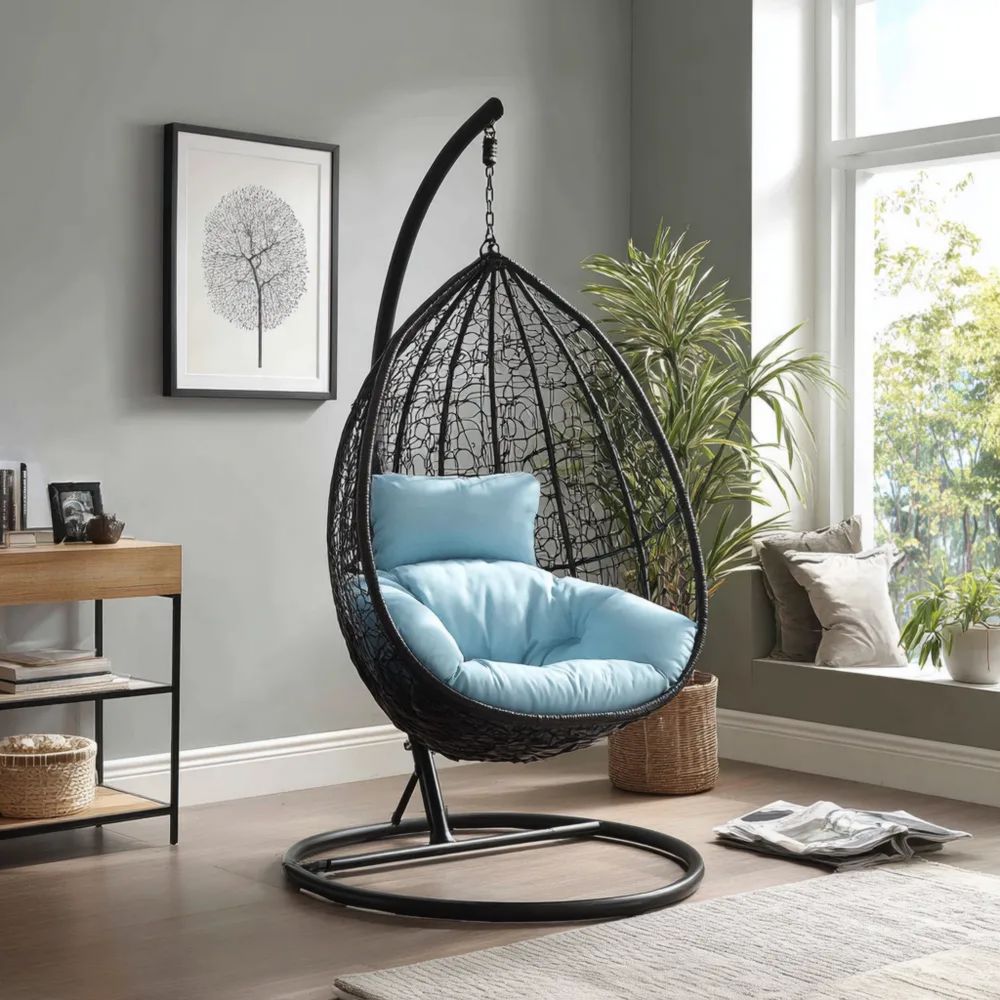 Chaise suspendue en rotin 196x95x105 cm avec coussin Bleu/Noir - Design moderne-Livanesta