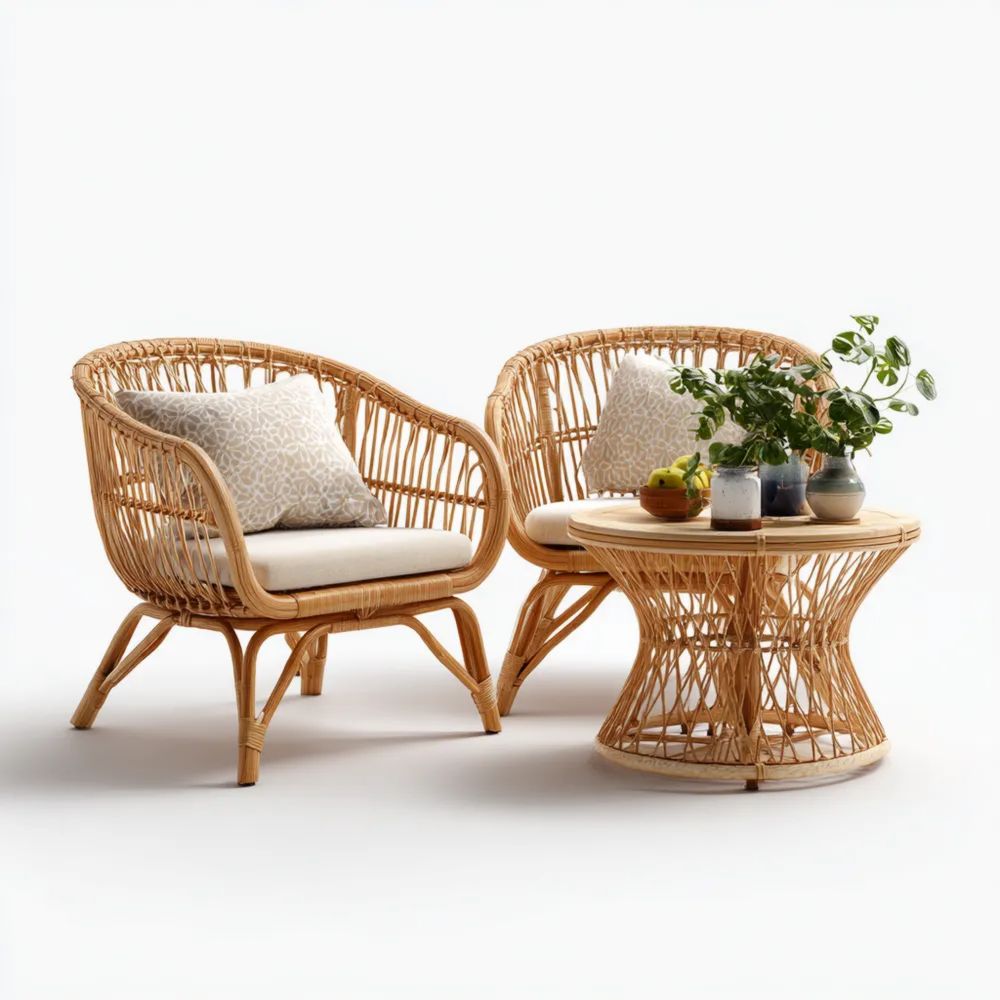 Ensemble de salon de jardin en rotin naturel 70x70x75 cm (fauteuil), 50x50x45 cm (table) – Design contemporain-Livanesta