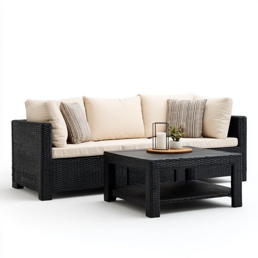 Ensemble de canapé de jardin en rotin synthétique Noir/Beige avec coussins Sable 200x80x70 cm – Design moderne-Livanesta
