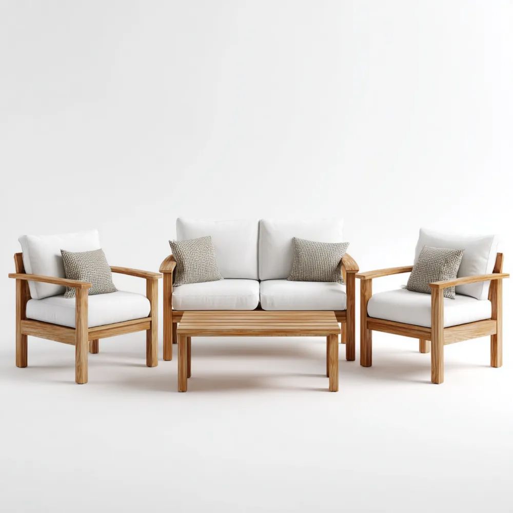 Ensemble de Canapés de Jardin en Bois de Teck 140x75x80 cm Coussins Blancs - Design Moderne-Livanesta