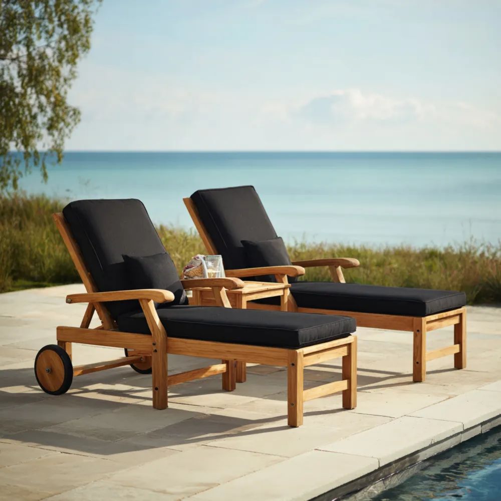 Chaise longue de jardin en teck 200x70x35 cm avec coussins - Noir, design moderne-Livanesta