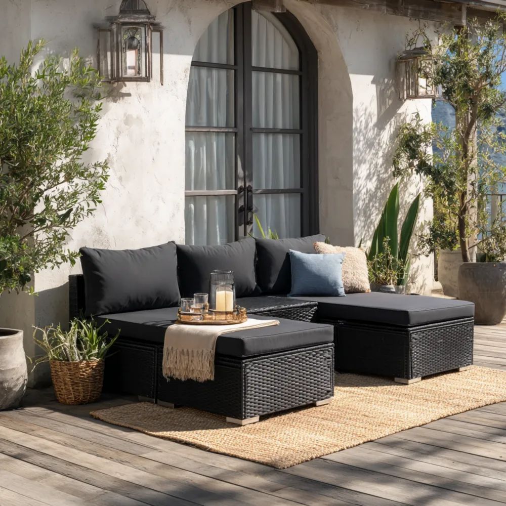 Ensemble de canapé de jardin en résine tressée 200x70x35 cm - Noir - Design contemporain-Livanesta