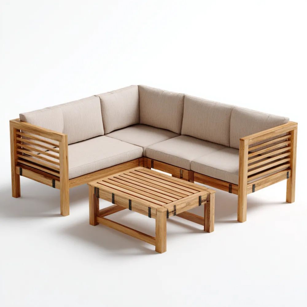 Ensemble de canapés de jardin en bois 210x210x70 cm avec table 80x80x35 cm – Beige – Design Moderne-Livanesta