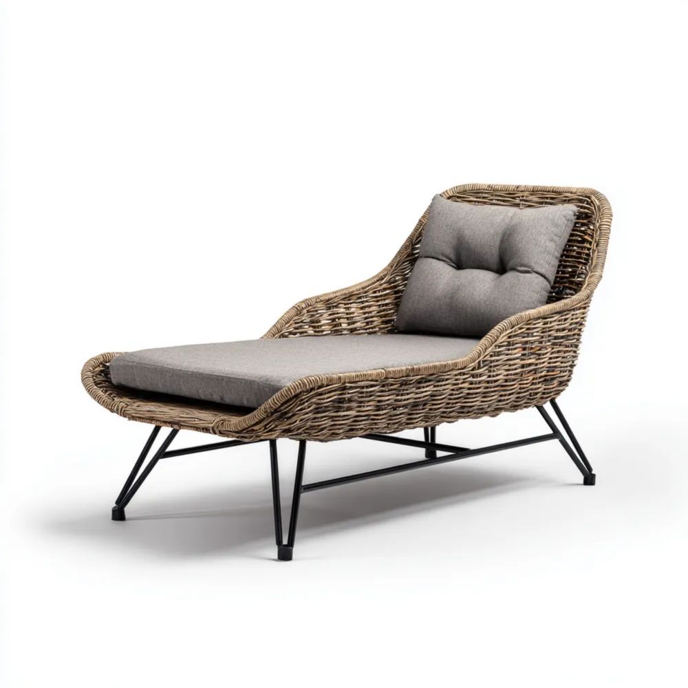 Chaise longue de jardin 200x75x85 cm en rotin synthétique Gris/Marron avec coussin Gris-Livanesta