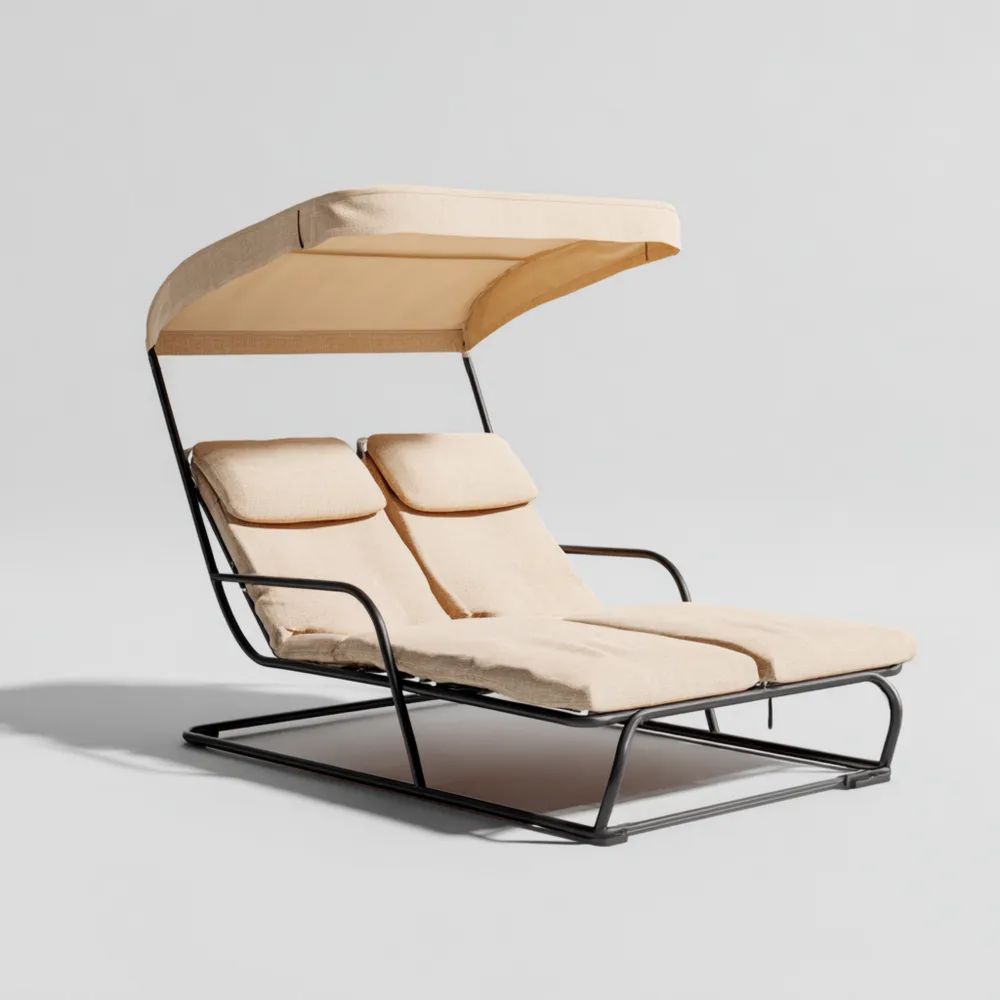 Chaise longue de jardin 200x140x160 cm avec auvent - Métal et tissu Beige - Design moderne-Livestiva