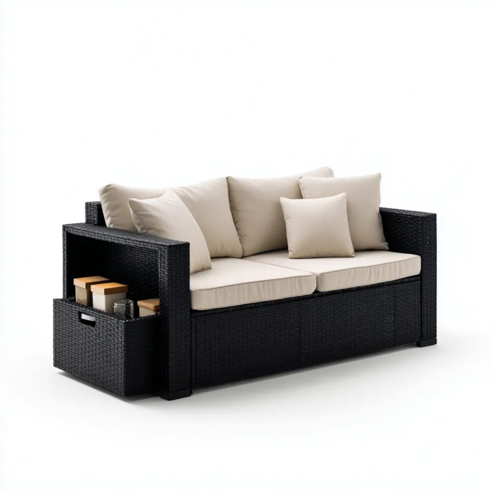 Canapé de jardin 2 places 130x75x76 cm en résine tressée - Noir/Beige-Livestiva