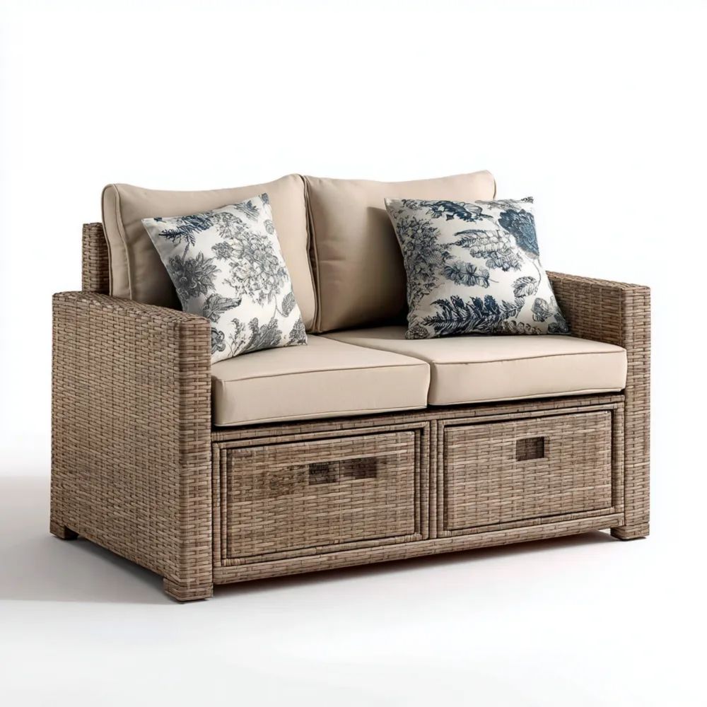 Canapé de jardin deux places en rotin synthétique 140x75x85 cm avec coussins Beiges et rangement intégré-Livestiva