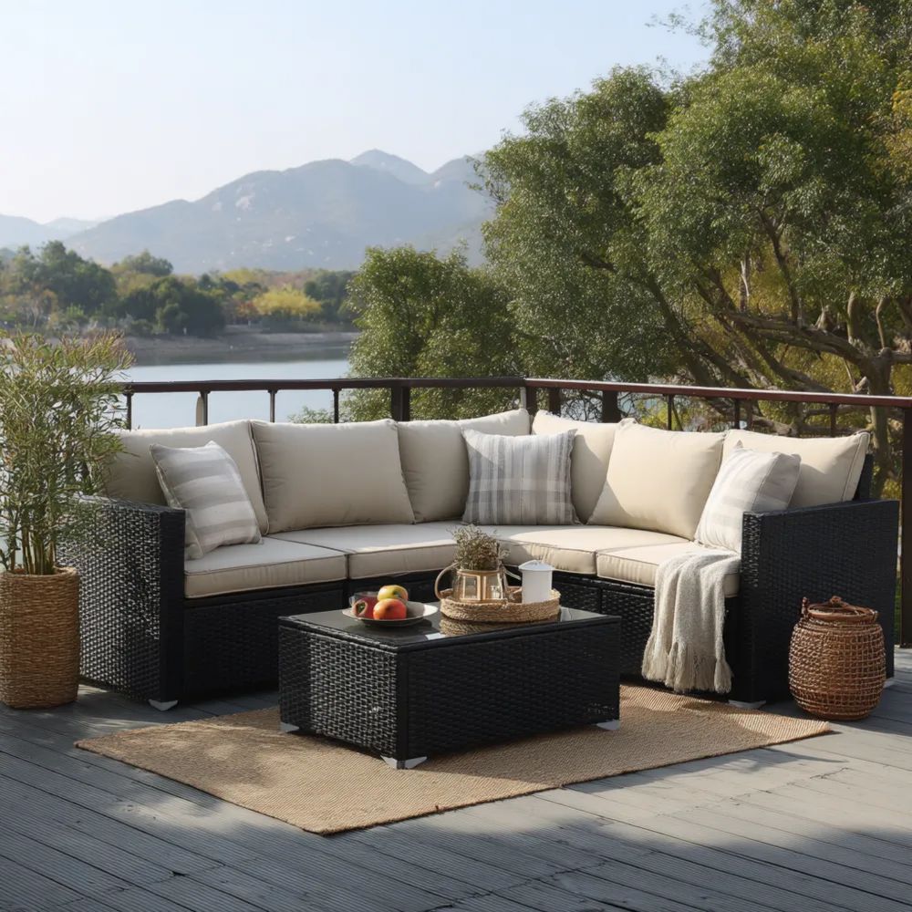 Ensemble de salon de jardin en résine tressée 200x150x70 cm – Beige/Noir – Design contemporain-Oakelino