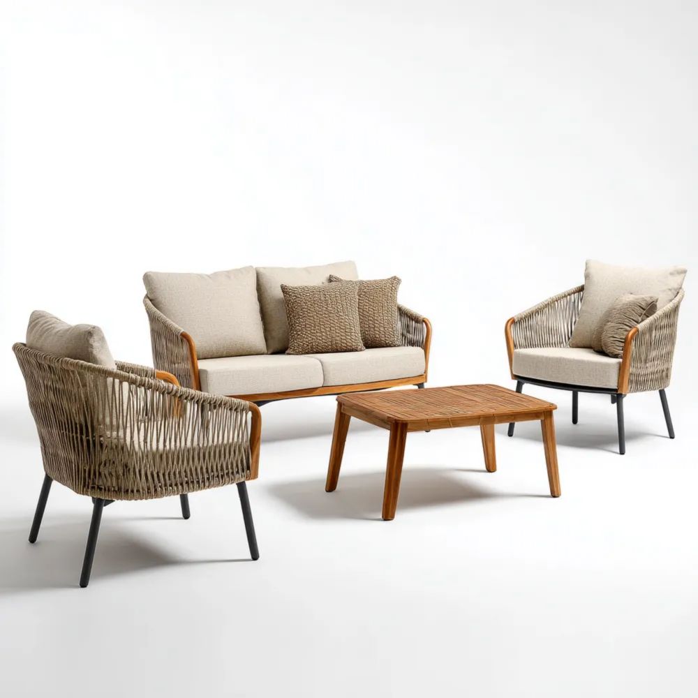 Ensemble de canapés de jardin en rotin synthétique 2 places 120x75x80 cm avec fauteuils 75x75x80 cm et table basse 90x60x40 cm – Beige – Design contemporain-Oakelino