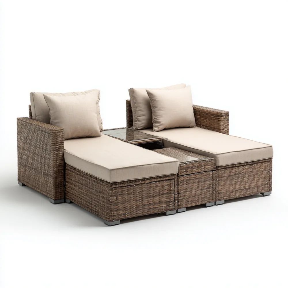 Chaise Longue de Jardin en Rotin - 195x130x63 cm - Beige - Design Moderne-Oakelino