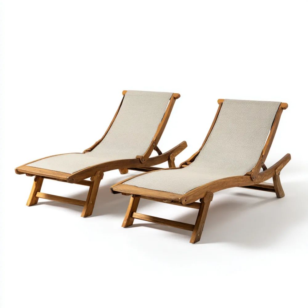 Chaises longues de jardin en bois et textile – 180x60x45 cm – Beige – Design traditionnel-Oakelino