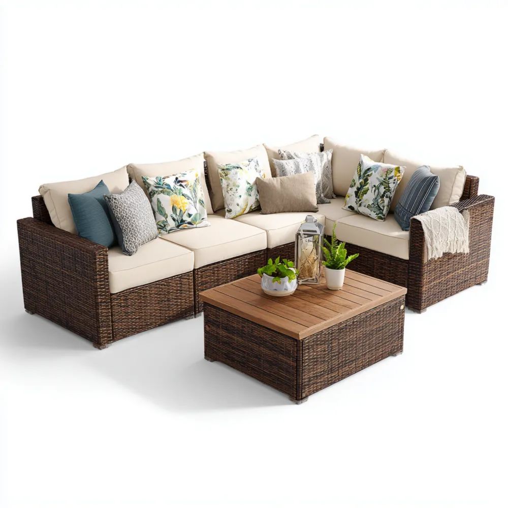 Ensemble de canapé en résine tressée avec table basse – 210x210 cm – Beige/Marron – Design moderne d'extérieur-Oakelino