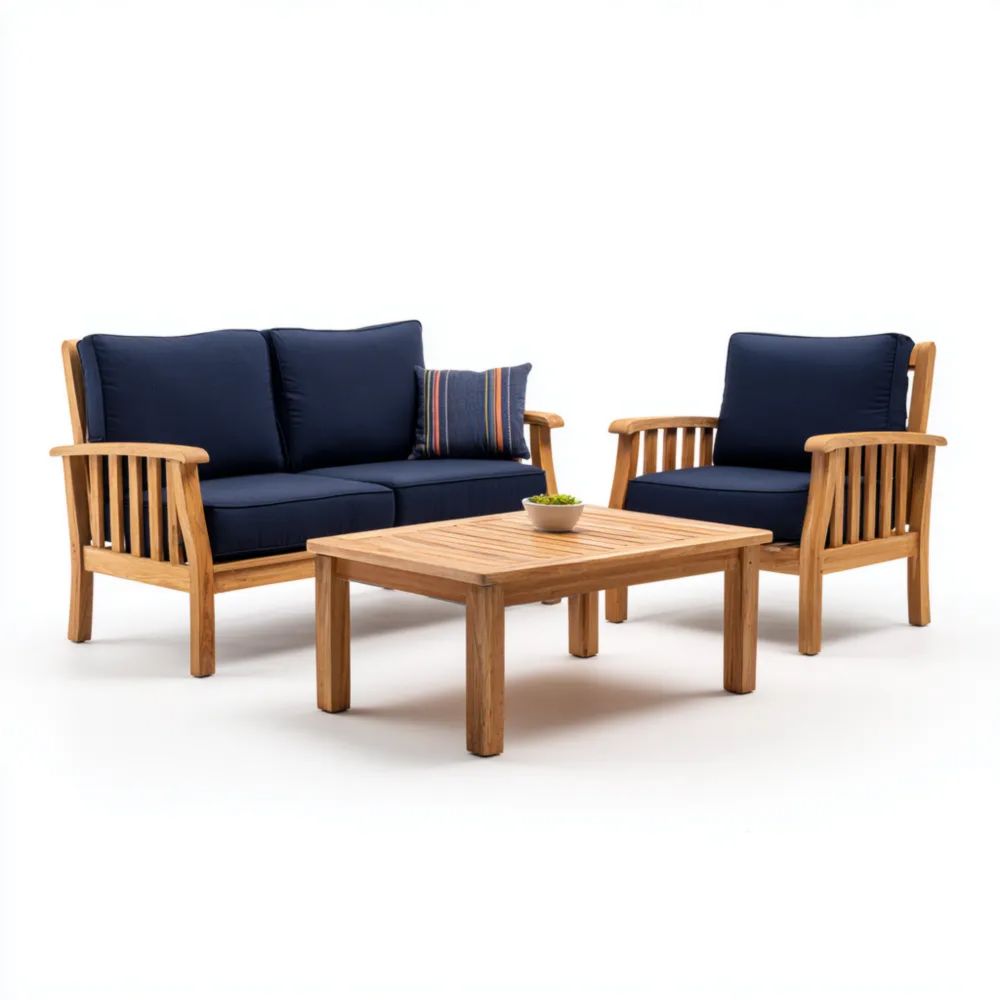 Ensemble de salon de jardin en teck 120x75x80 cm avec coussins Bleu - design classique-Oakelino