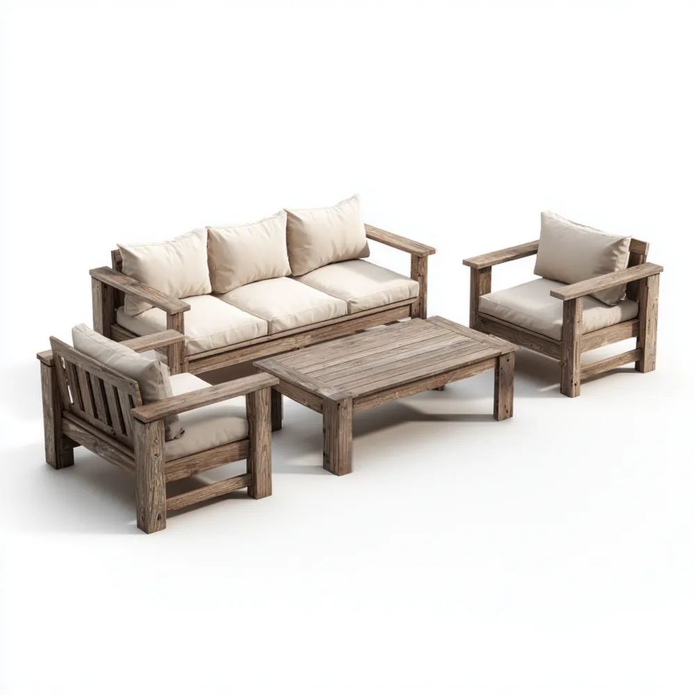 Ensemble de canapés de jardin en bois 180x75x70 cm, Fauteuils 75x75x70 cm, Table 100x50x40 cm – Bois/Beige – Design rustique-Oakelino