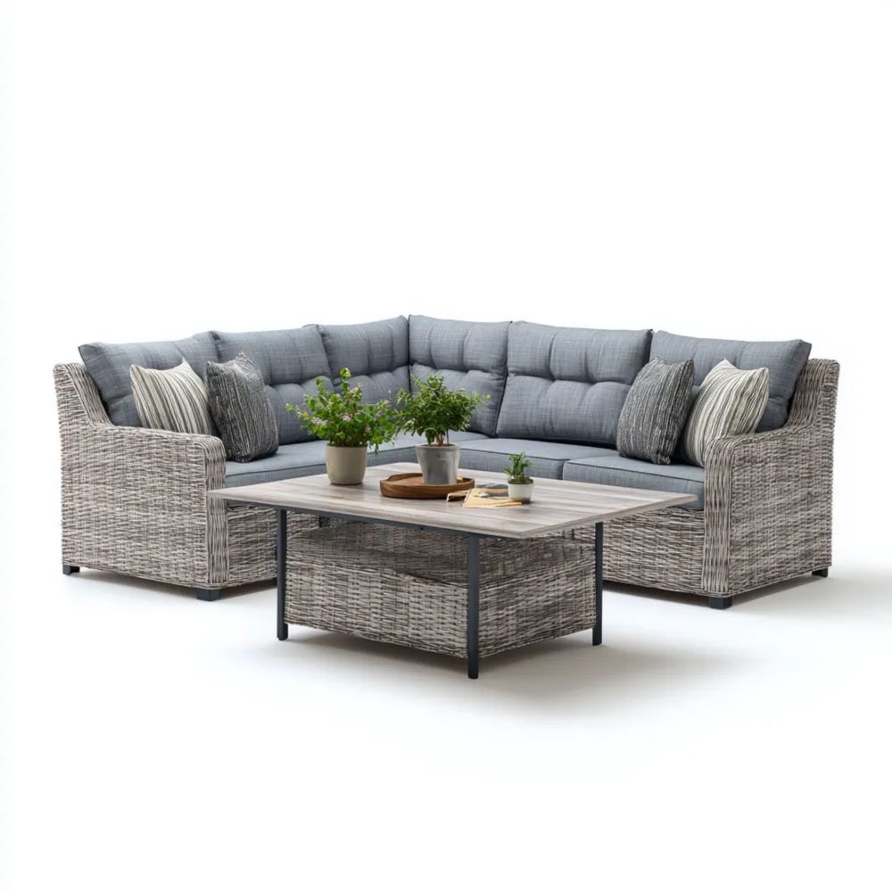 Ensemble de canapé d'extérieur en résine tressée 210x210x85 cm – Gris – Design contemporain-Oakelino