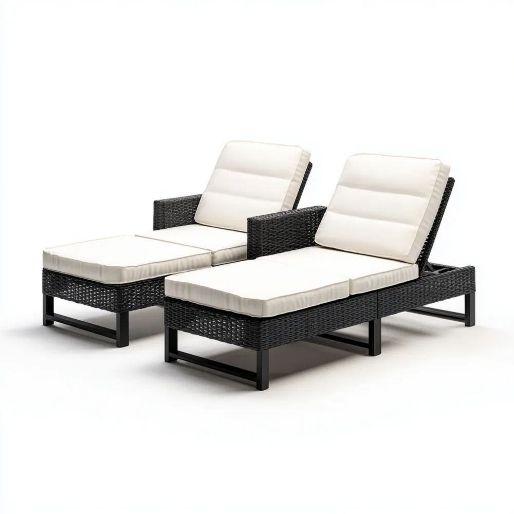 Chaises longues de jardin en rotin synthétique 200x60x30 cm avec coussins - Noir/Blanc-Oakelino