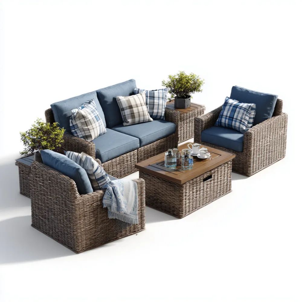 Ensemble de canapé en rotin 150x80x90 cm avec coussins Bleu/Beige – Design contemporain-Oakelino