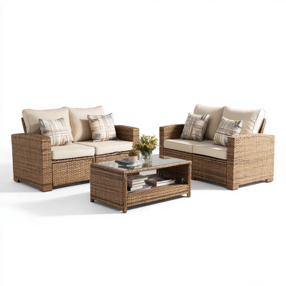 Ensemble de canapés de jardin en rotin synthétique 140x75x70 cm avec coussins amovibles Beige/Brun-Oakelino