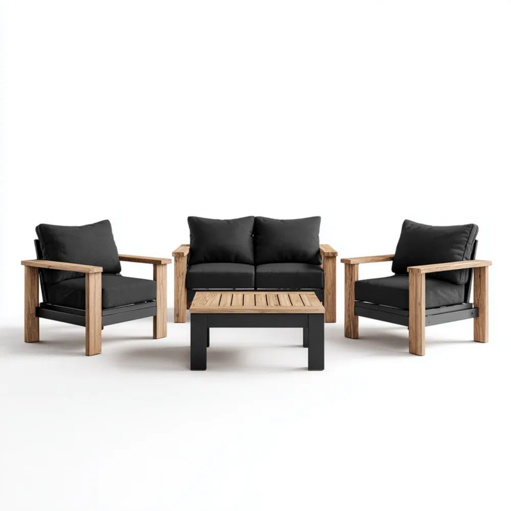 Ensemble de salon de jardin en bois et métal 150x85x74 cm - Noir - Design moderne-Oakelino