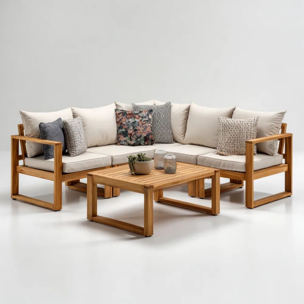 Ensemble de canapés de jardin en bois 270x210x75 cm avec table 90x60x45 cm – Beige – Design moderne-Decoramira