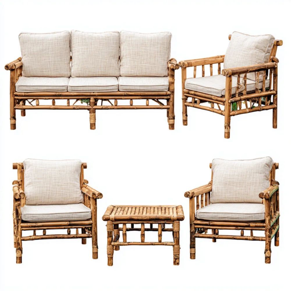 Ensemble de salon de jardin bambou 180x75x85 cm coussins Beige – Design rustique-Decoramira