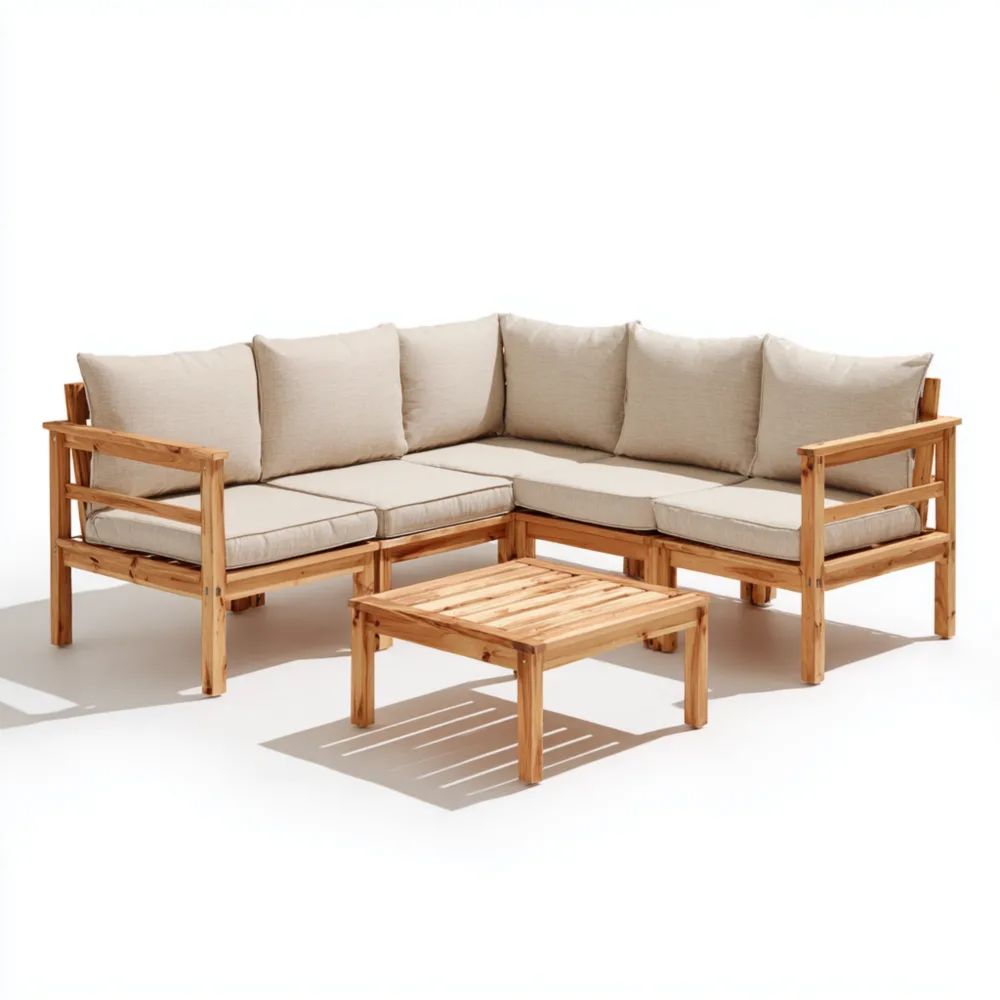 Ensemble de canapé de jardin en bois 220x180x75 cm avec coussins Beiges – Design contemporain-Decoramira