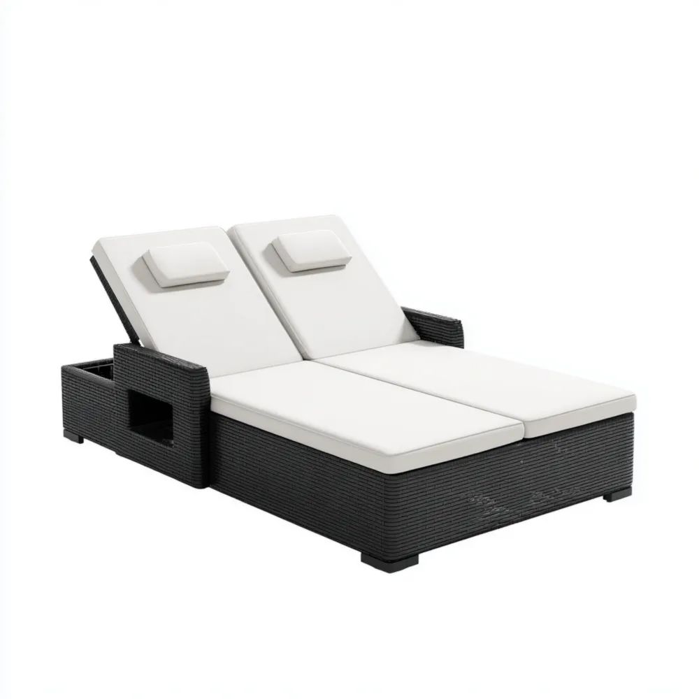 Chaise longue de jardin 200x140x35 cm - Résine tressée avec coussins Crème et Noir - Double design moderne-Decoramira