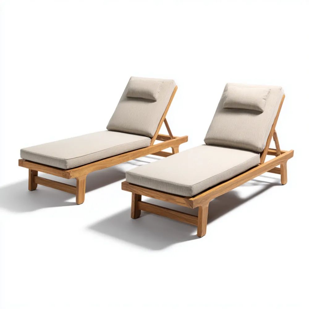 Chaises longues en teck 200x75x35 cm avec coussins Beige – Design moderne pour jardin-Decoramira