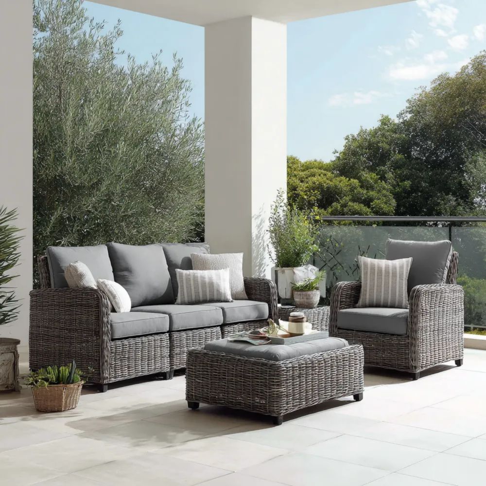 Ensemble de canapés de jardin en résine tressée 200x85x70 cm avec coussins – Gris – Design moderne-Decoramira