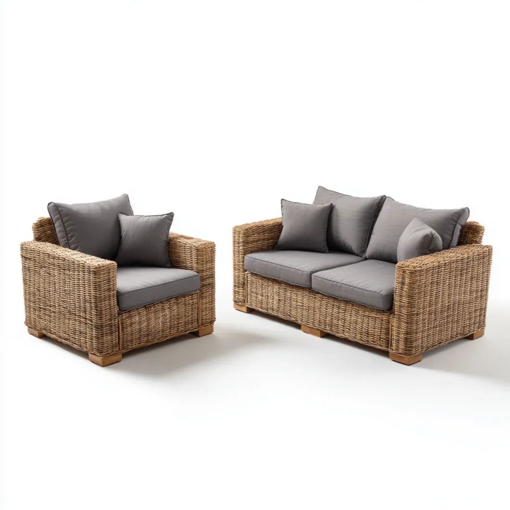Ensemble de canapés de jardin en rotin 140x85x75 cm et 85x85x75 cm - Marron / Gris - Design contemporain-Decoramira