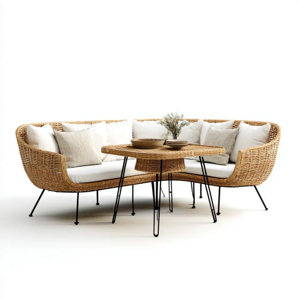 Ensemble de Salon de Jardin en Rotin Synthétique 200x150x75 cm Coussins Amovibles Blanc – Design Contemporain-Decoramira