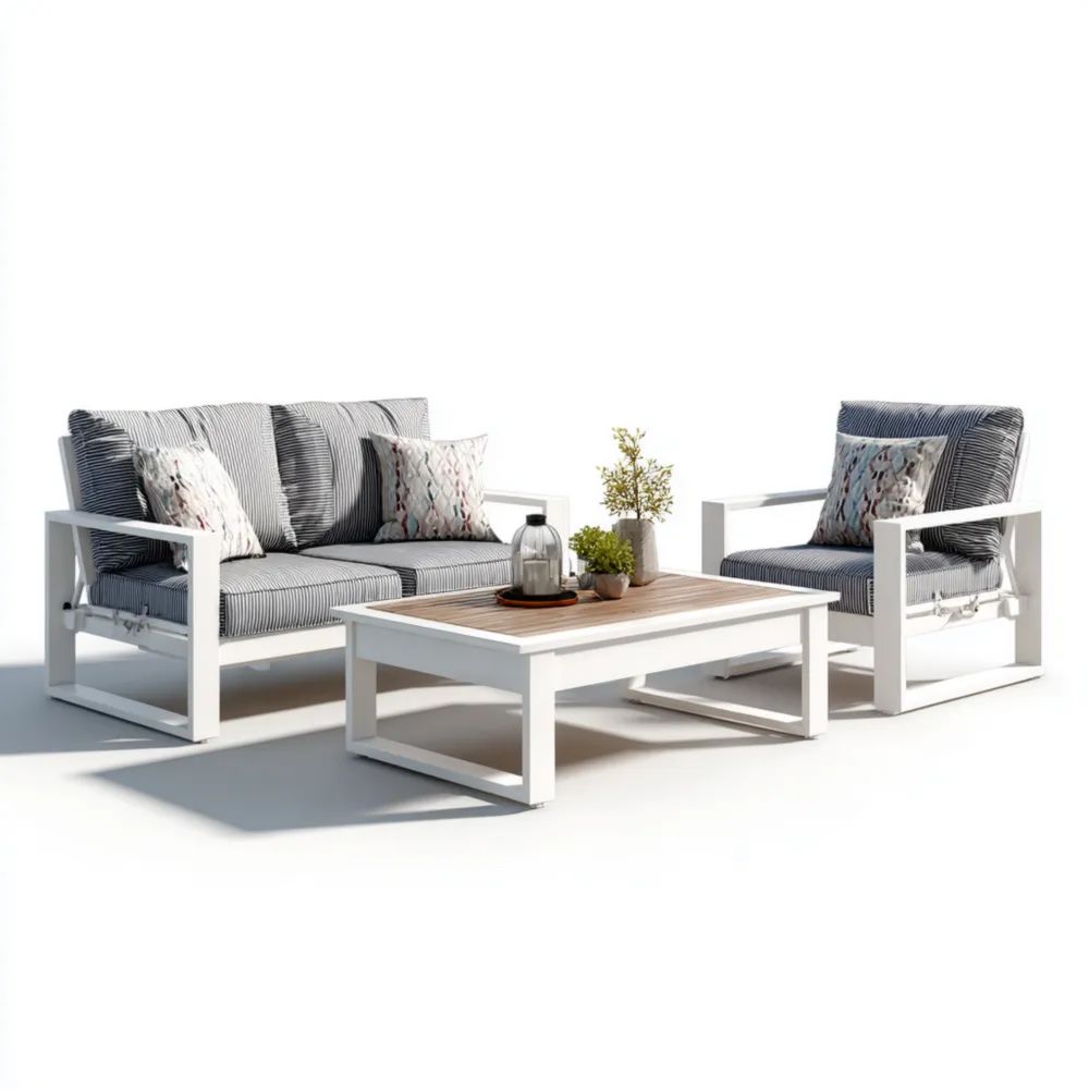 Ensemble de Canapés de Jardin Aluminium 140x75x70 cm Coussins Blanc/Gris - Moderne - Blanc/Gris - 2 Places + Fauteuil + Table Basse-Decoramira