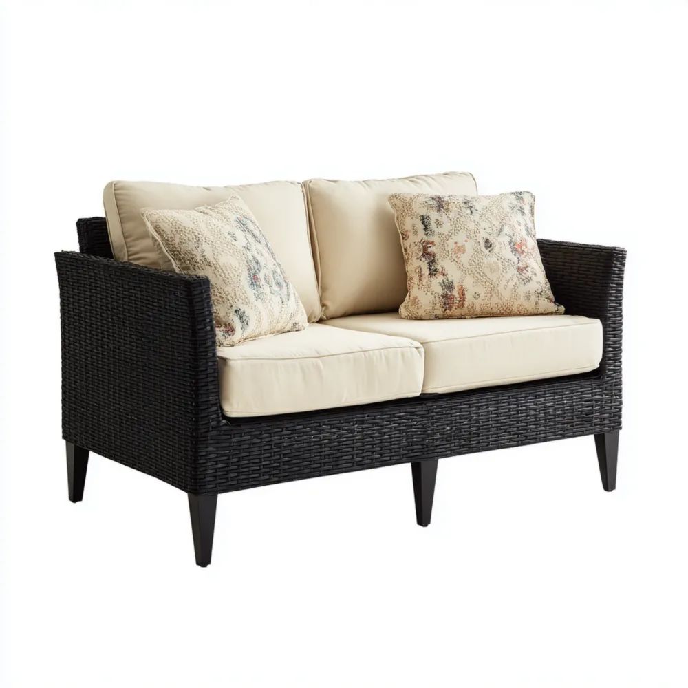 Canapé deux places en rotin 125x70x82 cm - Noir/Crème-Decoramira